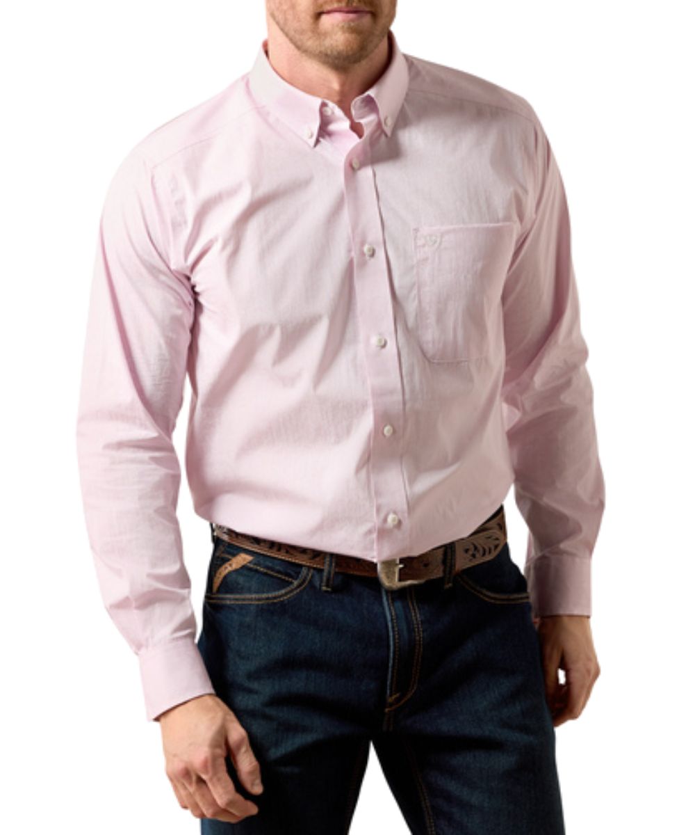 Front view of the men's Ariat Lilac Snow Paisley Wyle Button Down Shirt featuring the paisley print, button down collar, chest pocket with hidden pen slot, and extra length in the body and sleeves