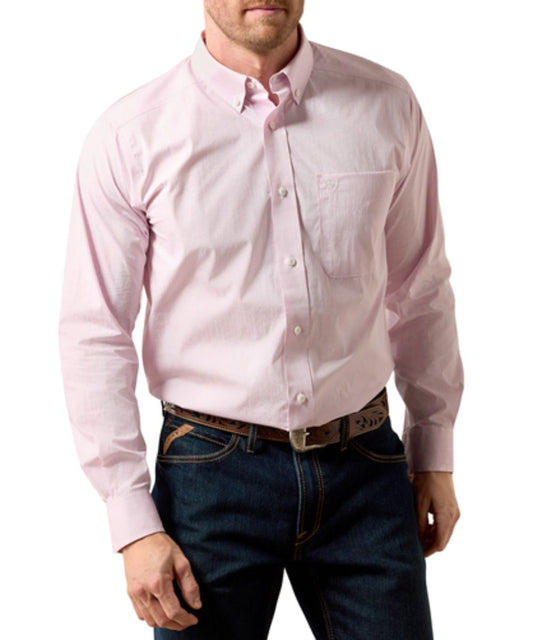 Front view of the men's Ariat Lilac Snow Paisley Wyle Button Down Shirt featuring the paisley print, button down collar, chest pocket with hidden pen slot, and extra length in the body and sleeves