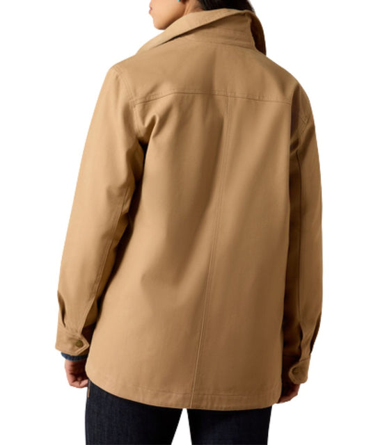 Back view of the women's canvas chore jacket featuring the water-repellent finish 