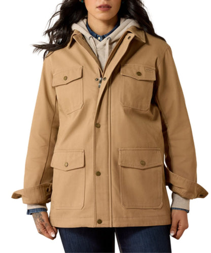 Front view of the women's Ariat Western Canvas Tiger's Eye Chore Jacket featuring the two-way zipper closure with an additional storm flap snap closure