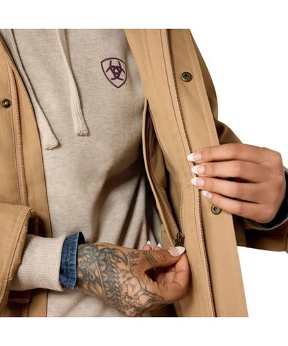 Interior view of the women's tan/tiger's eye chore jacket featuring the interior concealed carry zipper pocket