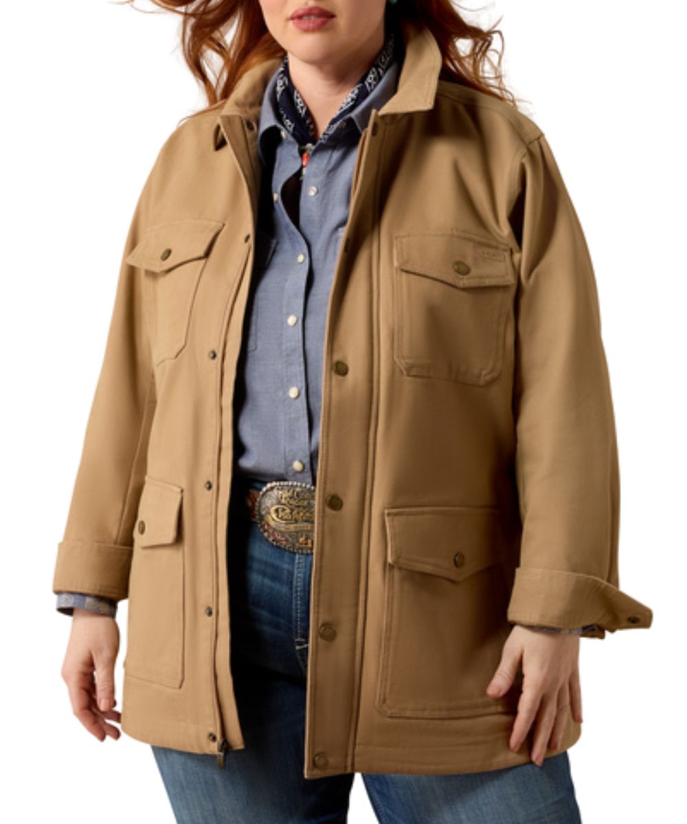 Plus size model view for the slightly oversized fit chore jacket