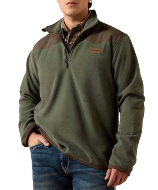 Front view of the men's Ariat Thyme Desert 1/4 Zip Basis Sweater featuring the leather logo label at the chest