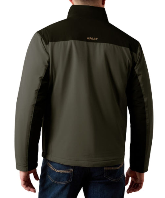 Back view of the men's long sleeve color blocked forest night jacket featuring the lightweight insulation, wind-and-water resistance, and logo embroidery