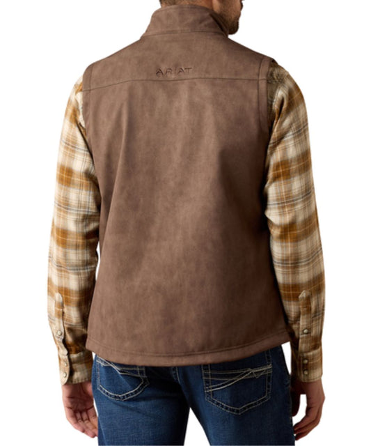 Back view of the men's wren brown faux leather vest featuring the straight back yoke with logo embroidery and mock collar