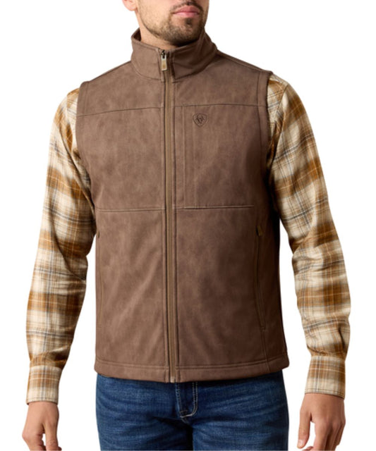 Front view of the men's Ariat Wren Faux Leather Vernon Softshell Vest featuring the zipper closure, zippered hand pockets, and zippered chest pocket