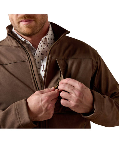 Close-up view of the mock collar, zip closure, and zipper chest pocket