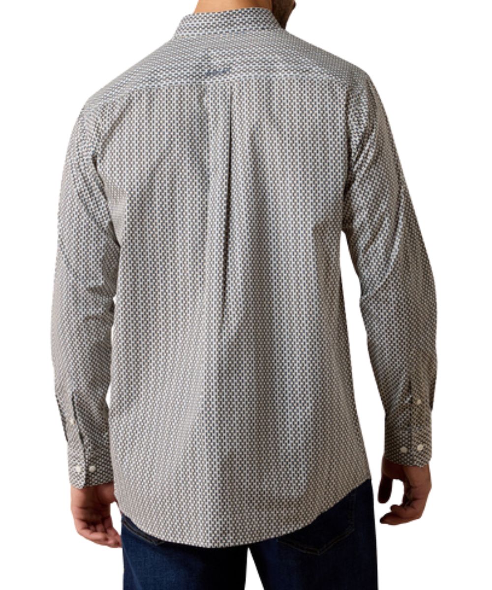 Back view of the men's white long sleeve button down shirt featuring the geometric print and straight back yoke with box pleat