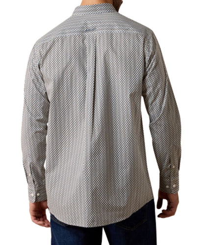 Back view of the men's white long sleeve button down shirt featuring the geometric print and straight back yoke with box pleat