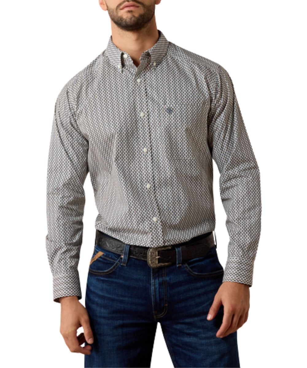 Front view of the men's white Ariat long sleeve button down shirt featuring the classic fit with extra length, chest pocket, and button down collar