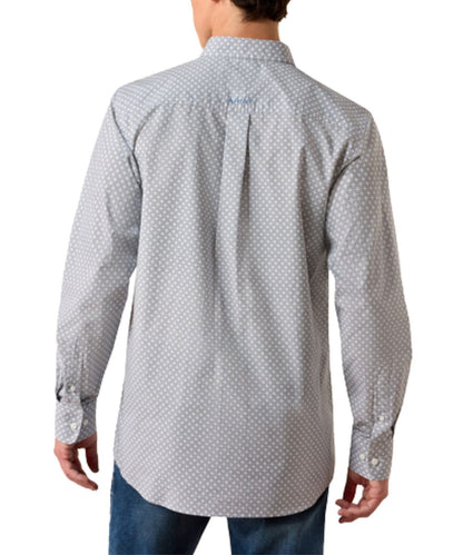 Back view of the men's white long sleeve button down shirt featuring the straight back yoke with box pleat