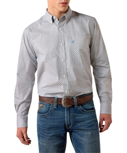 Front view of the men's white Ariat Nola Fitted Button Down Shirt featuring the light blue geometric print, chest pocket, button down collar, and fitted/slim fit with extra length in the body and sleeves