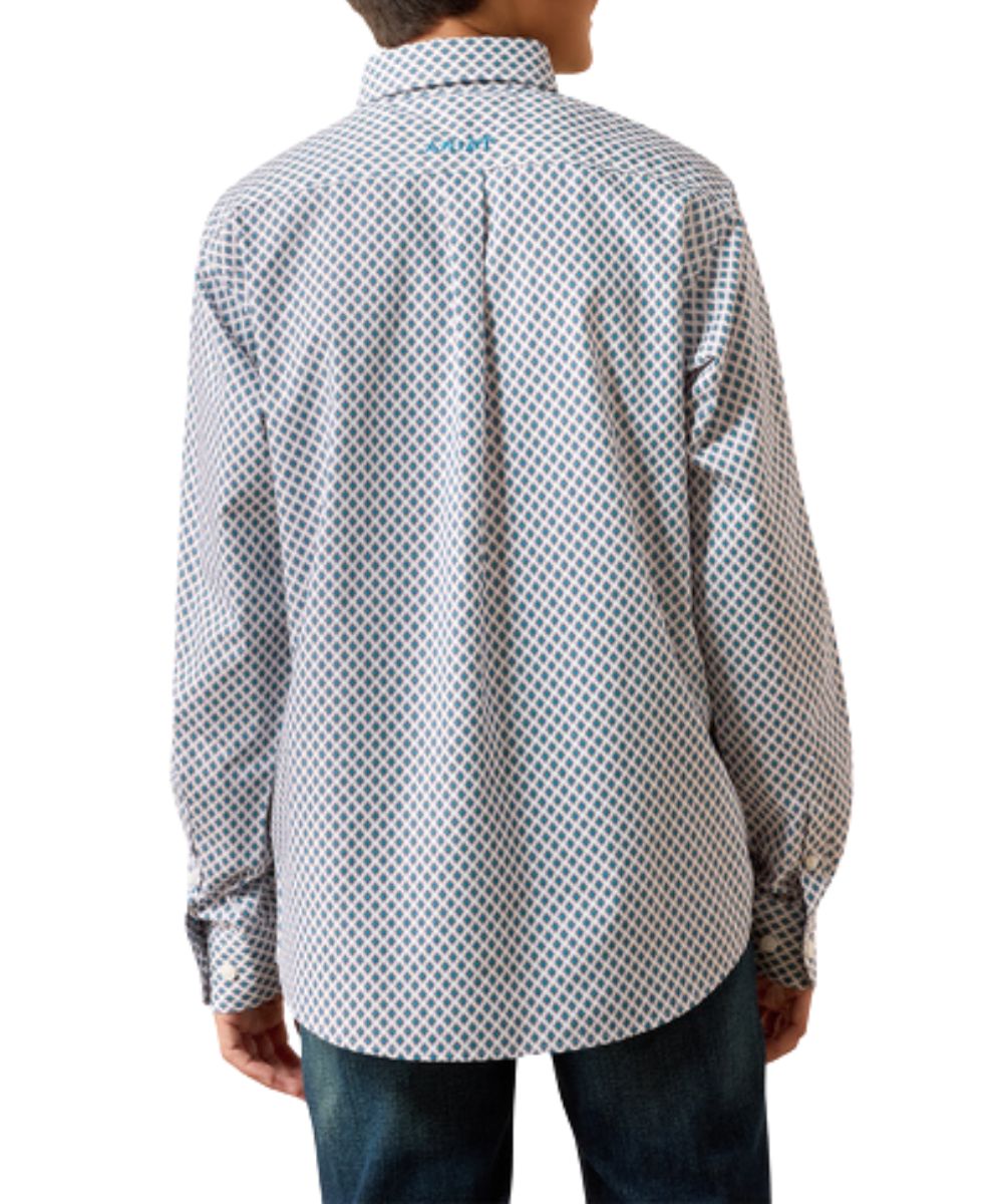 Back view of the boy's long sleeve button down shirt in white with a blue geometric print and straight back yoke with box pleat