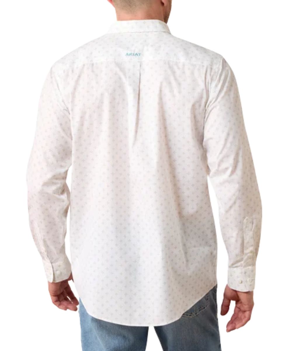 Back view of the men's white long sleeve button down shirt featuring the straight back yoke with box pleat and the adjustable cuffs
