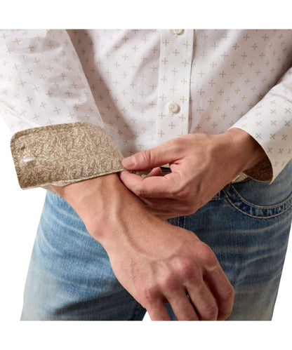 Close-up view of the geometric print on the men's white button down shirt featuring the contrast interior trim and taped interior seams for a wrinkle-free finish