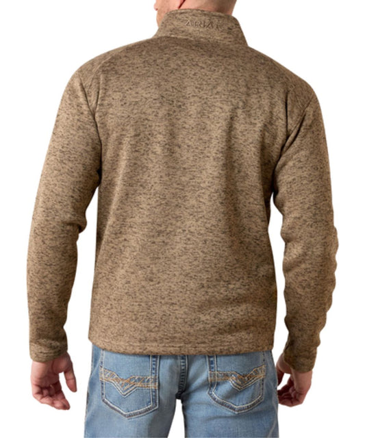 Back view of the men's savannah tan long sleeve sweater featuring the mock collar with logo embroidery