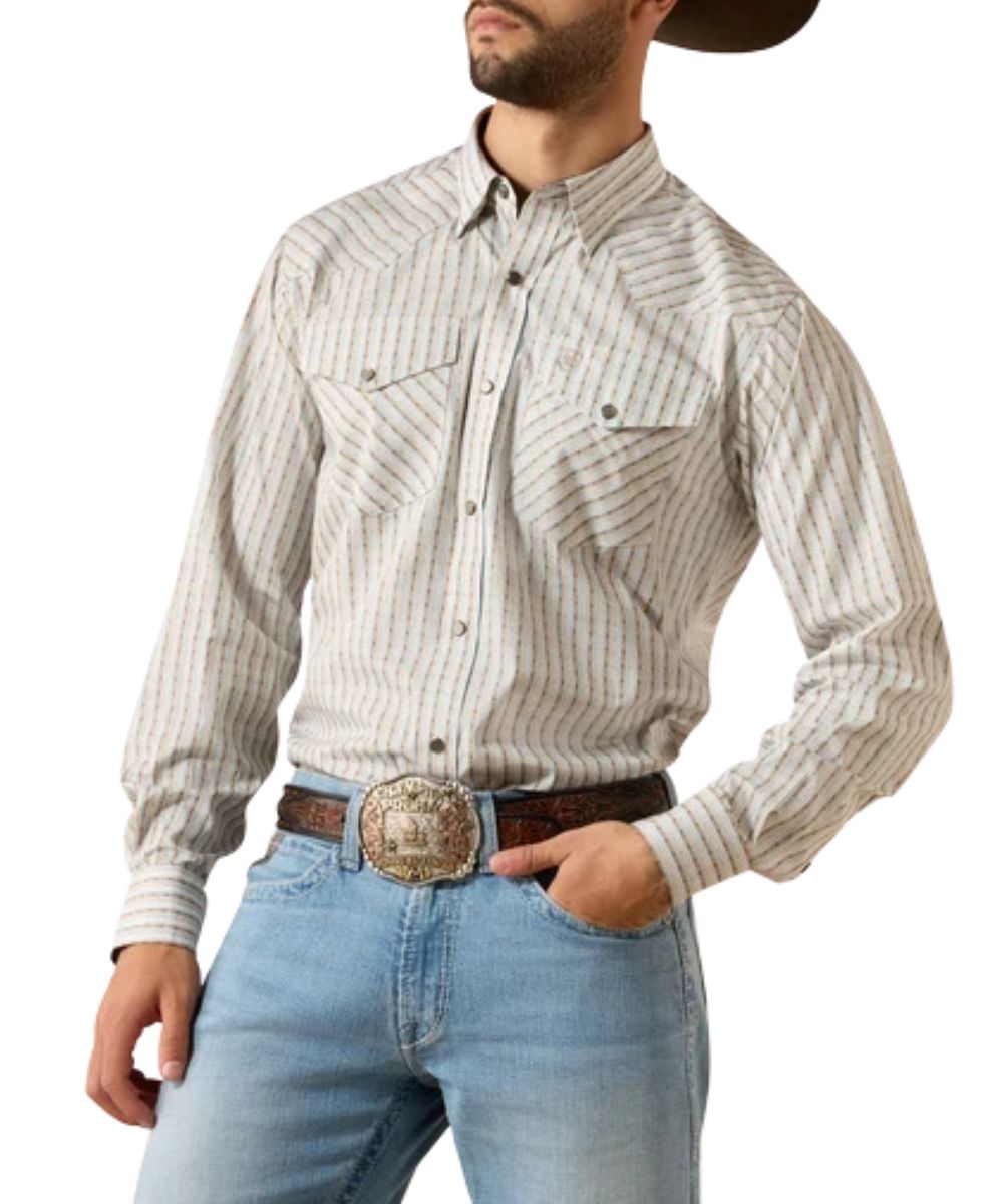 Front view of the men's Ariat Wrinkle Free Burnard Classic Fit Snap Shirt featuring the extra length in the body and sleeves