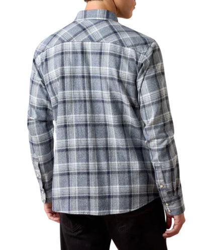 Back view of the men's long sleeve snap shirt featuring the straight back yoke and blue/grey plaid print