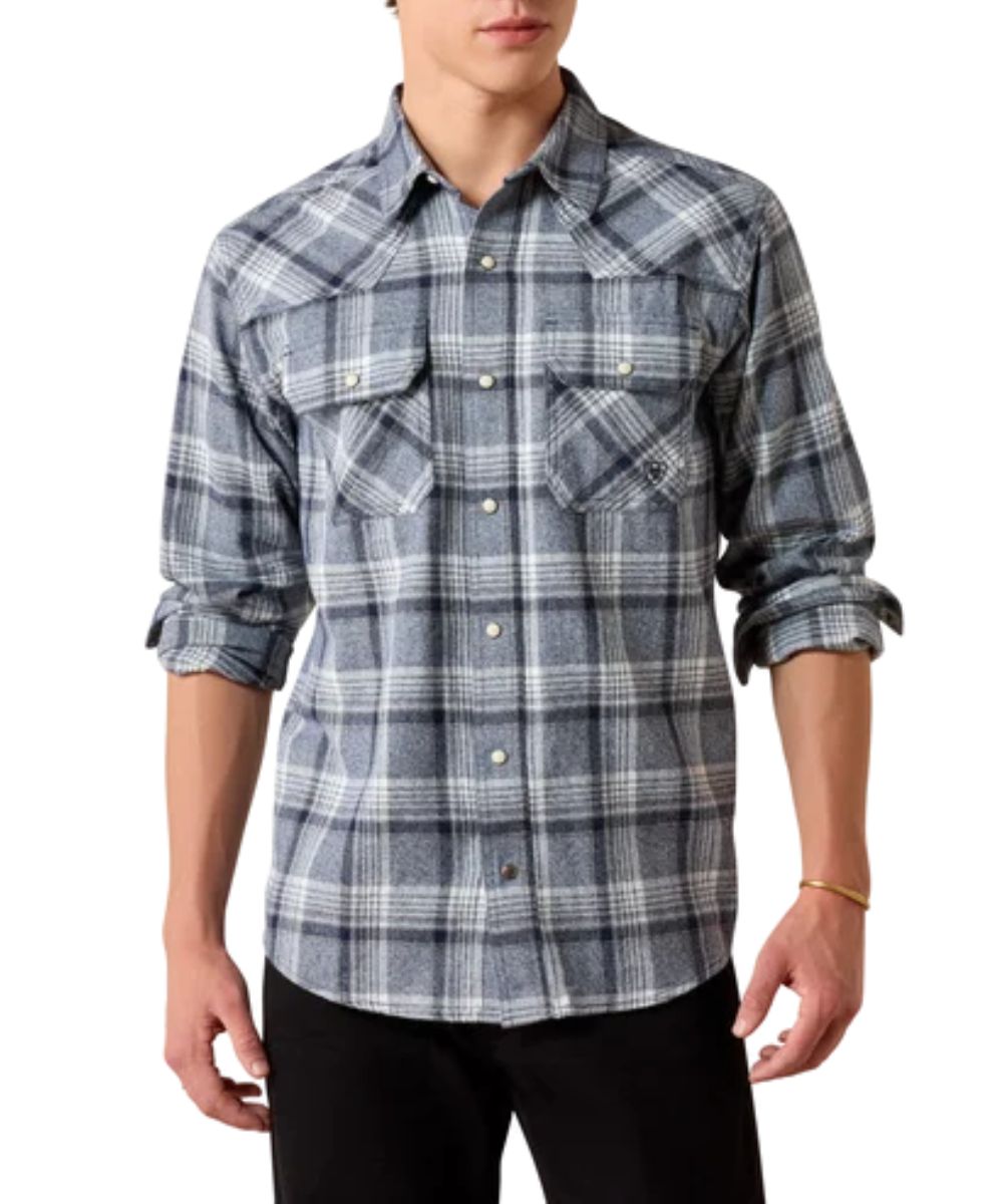 Front view of the men's Ariat Retro Sargasso Sea Plaid Harish Snap Shirt featuring the slim fit and blue/grey plaid print
