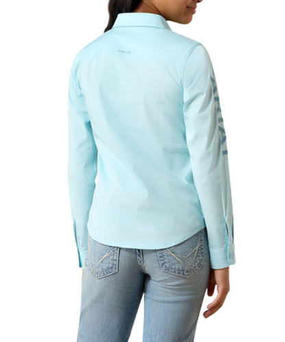Back view of the girl's long sleeve button down shirt featuring the straight back yoke and logo embroidery