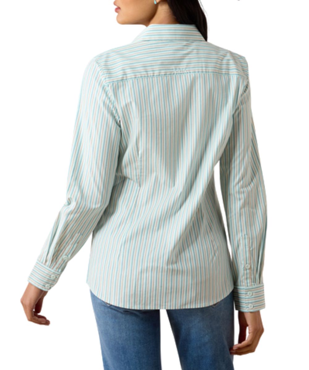 Back view of the women's long sleeve striped button down shirt featuring the straight back yoke