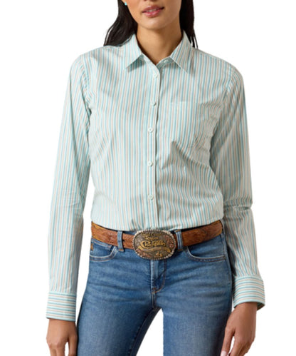 Front view of the women's Ariat Saltwater Henna Striped Kirby Stretch Button Down Shirt featuring the light blue color and single open chest pocket