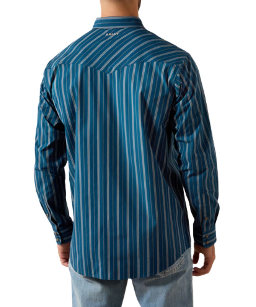 Back view of the men's long sleeve western snap shirt featuring the sailor blue vertical striped print and the single point breathable mesh western yoke