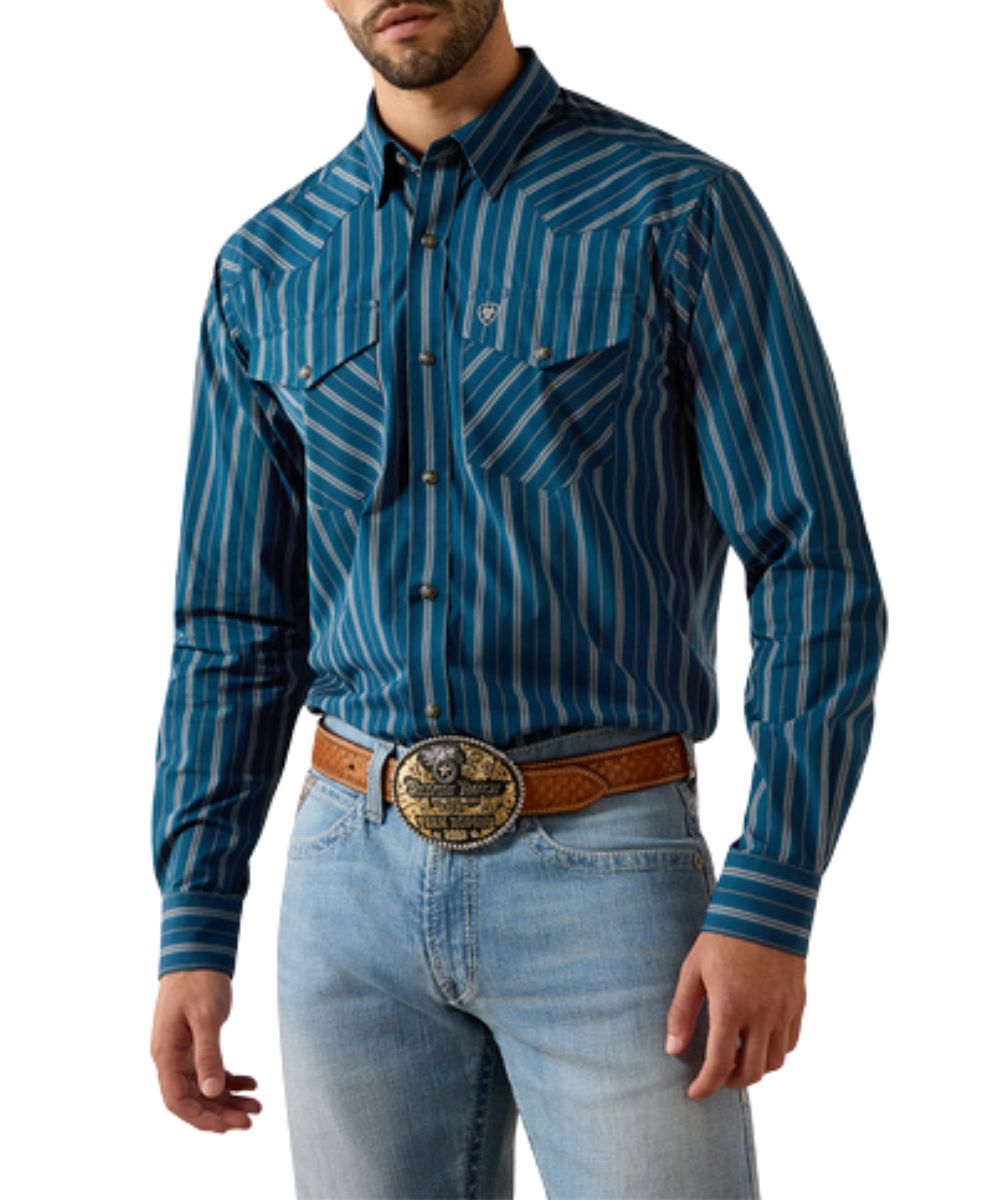 Front view of the men's Ariat Pro Series Wolfgang Classic Fit Snap Shirt featuring the sailor blue vertical striped print