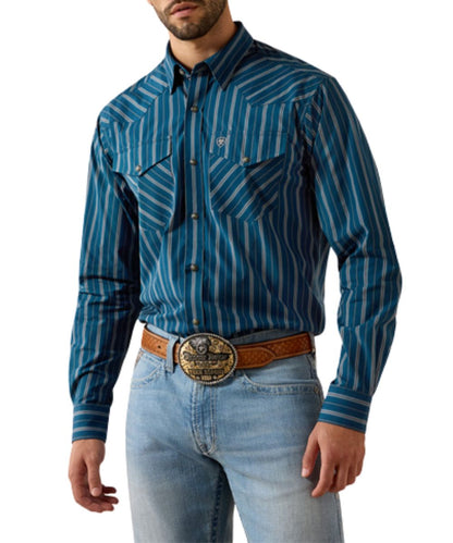 Front view of the men's Ariat Pro Series Wolfgang Classic Fit Snap Shirt featuring the sailor blue vertical striped print