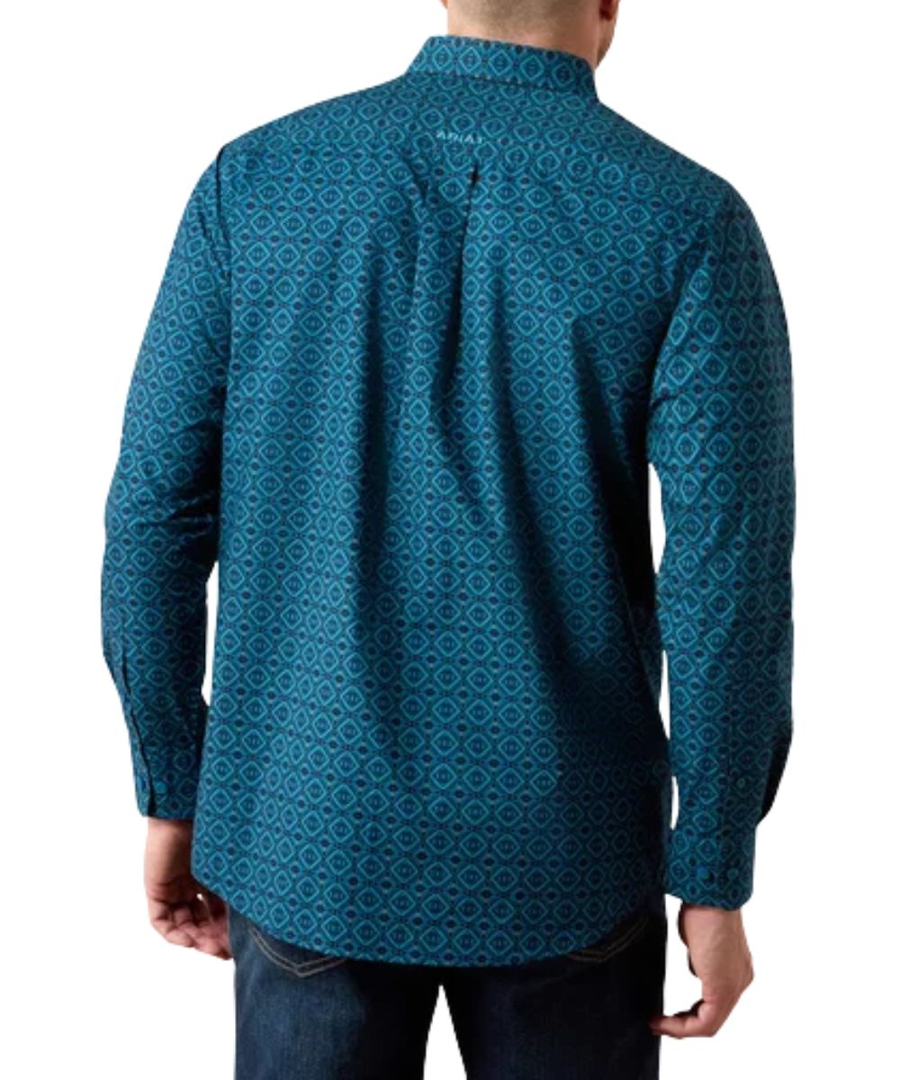 Back view of the men's sailor blue long sleeve button down shirt featuring the medallion print and straight back yoke with box pleat