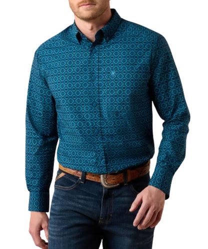 Front view of the men's Ariat Sailor Blue Medallion Print Peck Classic Fit Button Down Shirt featuring the extra length in the body and sleeves 