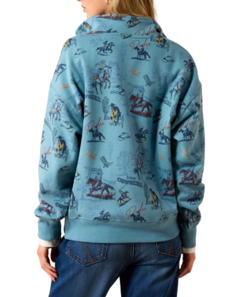 Back view of the women's light blue 1/2 zip sweatshirt featuring the mock collar and retro rodeo print