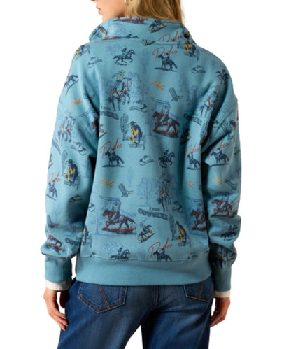 Back view of the women's light blue 1/2 zip sweatshirt featuring the mock collar and retro rodeo print