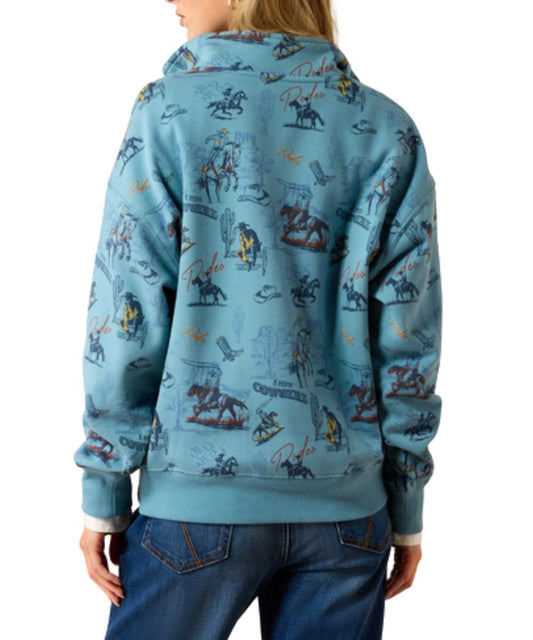 Back view of the women's light blue 1/2 zip sweatshirt featuring the mock collar and retro rodeo print