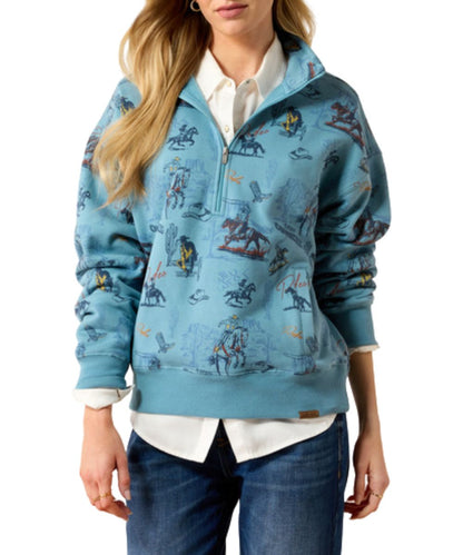 Front view of the women's Ariat Retro Rodeo Painted 1/2 Zip Sweatshirt featuring the light blue color and welt hand pockets