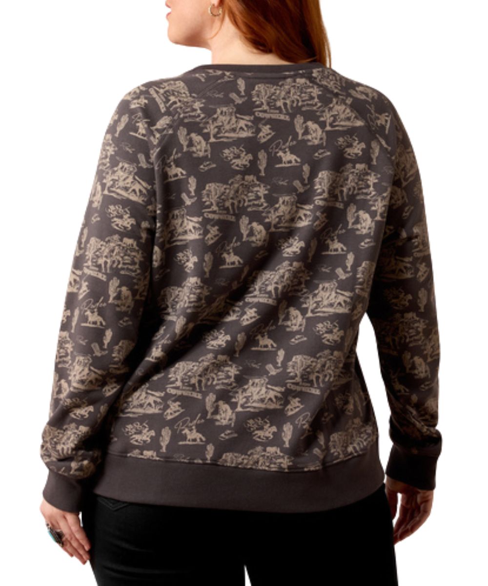 Back view of the women's grey long sleeve sweatshirt featuring the crew neck and ribbed collar, cuffs, and hem