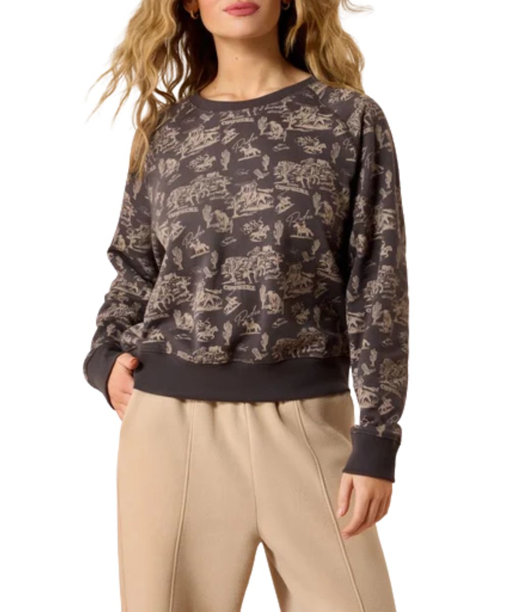 Front view of the women's Ariat Essential Crew Sweatshirt featuring the grey color with retro rodeo carbon copy print