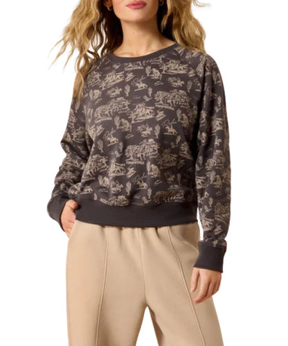 Front view of the women's Ariat Essential Crew Sweatshirt featuring the grey color with retro rodeo carbon copy print