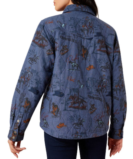 Back view of the women's blue long sleeve jacket featuring the retro rodeo print, snap cuffs, and single point western yokes
