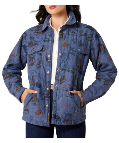 Front view of the women's Ariat Obispo Lightweight Insulated Jacket featuring the retro rodeo print