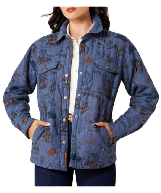 Front view of the women's Ariat Obispo Lightweight Insulated Jacket featuring the retro rodeo print