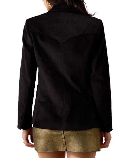 Back view of the women's black corduroy blazer featuring the tailored fit, button cuffs, and single point back yoke