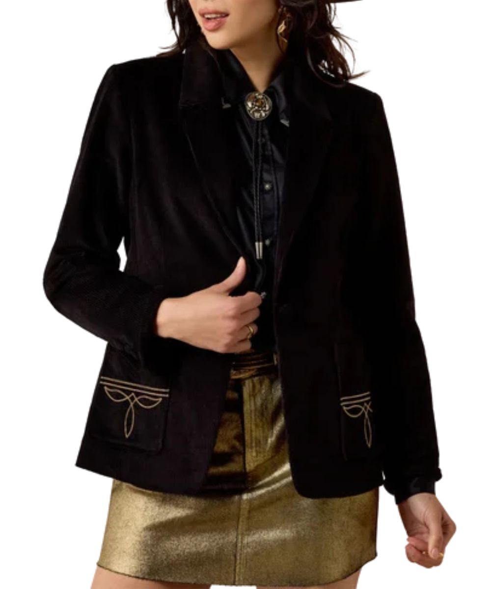 Front view of the women's black Ariat Charles Blazer featuring the stretch corduroy fabric, long sleeves, notched lapel collar, button closure, and western embroidery at the hand pockets