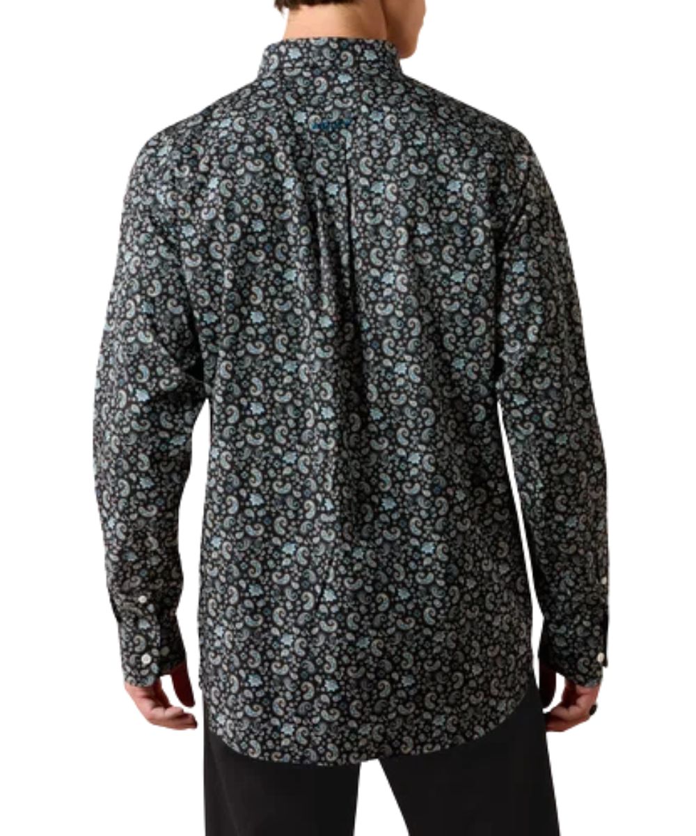 Back view of the men's long sleeve button down shirt featuring the straight back yoke with box pleat