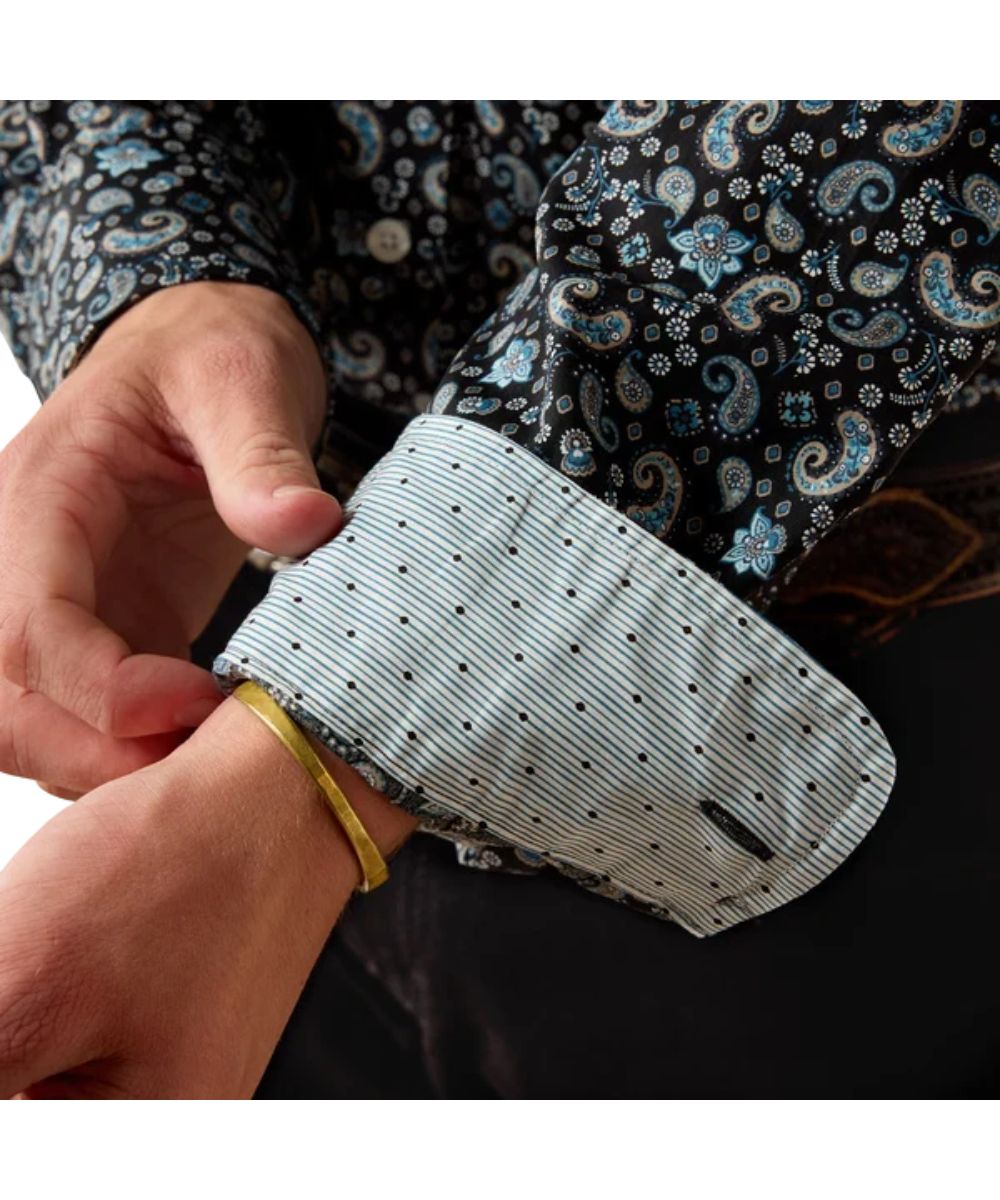 Close-up view of the men's black long sleeve button down shirt featuring the contrast interior trim and paisley print