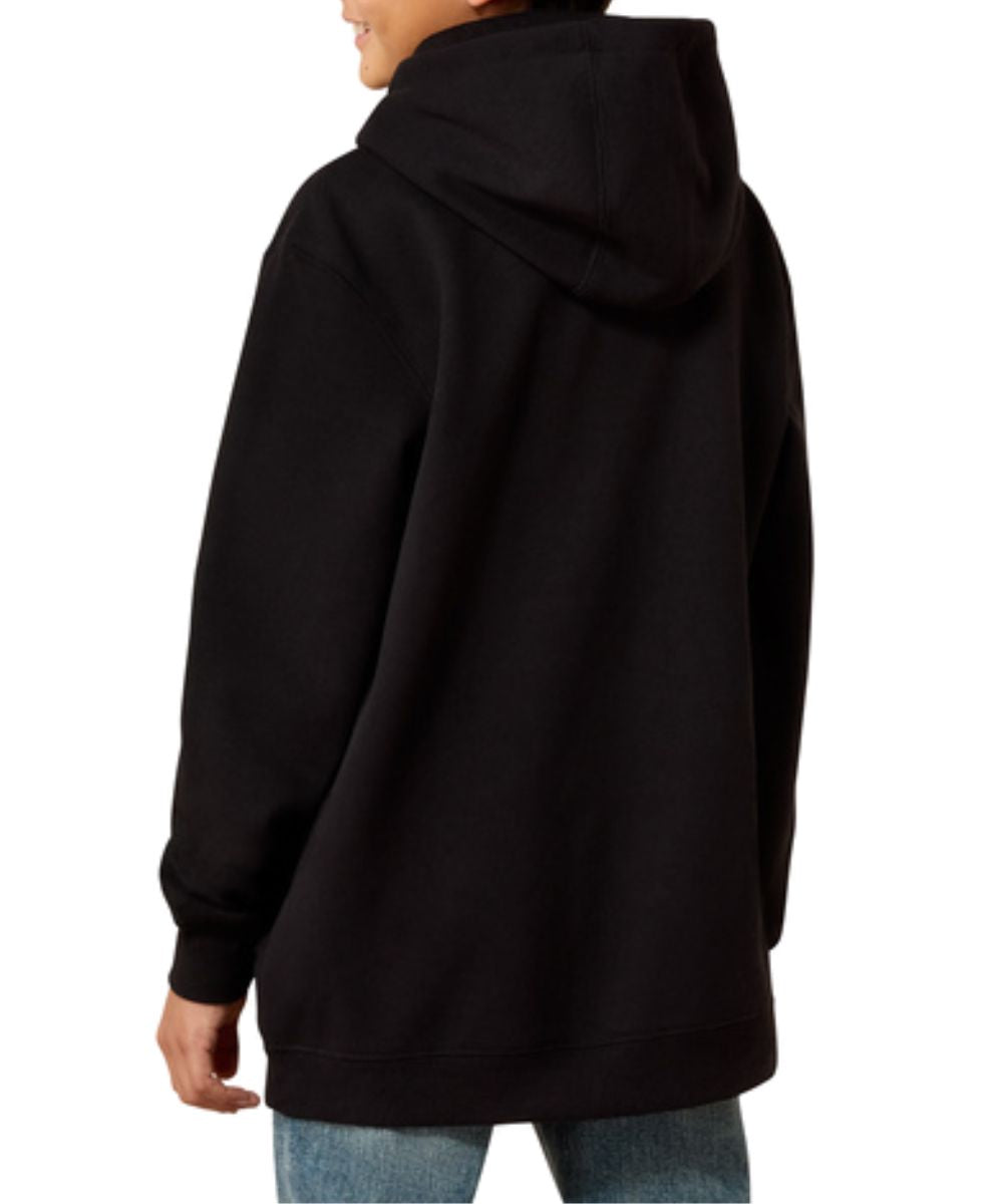 Back view of the boy's black long sleeve hooded sweatshirt