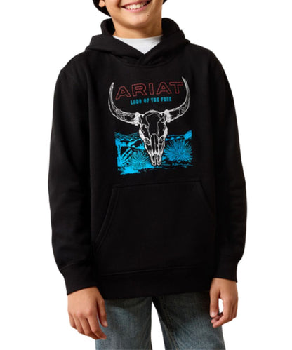 Front view of the boy's Ariat Bison Bureau Black Hoodie featuring the bison graphic on the front that reads: "Land Of The Free" and a kangaroo pocket