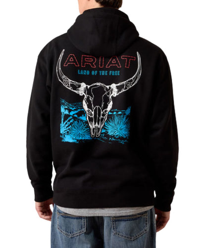 Back view of the men's black hoodie featuring the bison logo screen printed graphic that reads: "Land Of The Free"