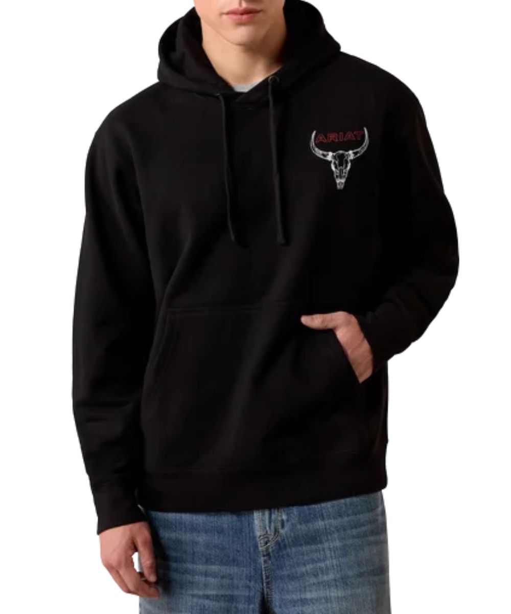 Front view of the men's Ariat Black Bison Bureau Hoodie 