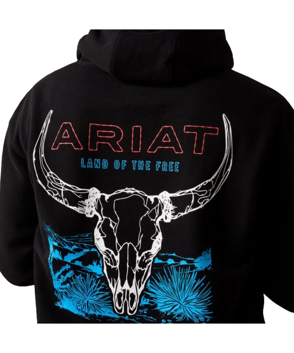 Close-up view of the men's black hoodie featuring the bison logo graphic on the back that reads: "Land Of The Free"